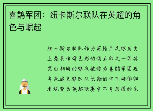 喜鹊军团：纽卡斯尔联队在英超的角色与崛起